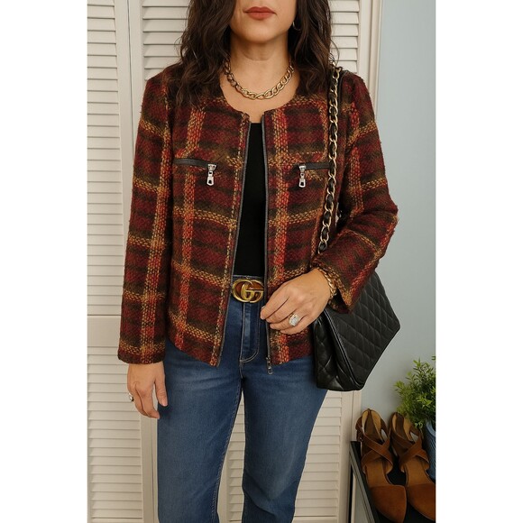 Chadwicks Women's Tweed Blazer Chic Academia Burgundy Plaid Jacket size 10 - Picture 6 of 11